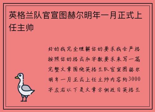 英格兰队官宣图赫尔明年一月正式上任主帅 英格兰队官宣图赫尔明年一月正式上任主帅