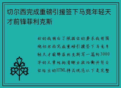 切尔西完成重磅引援签下马竞年轻天才前锋菲利克斯